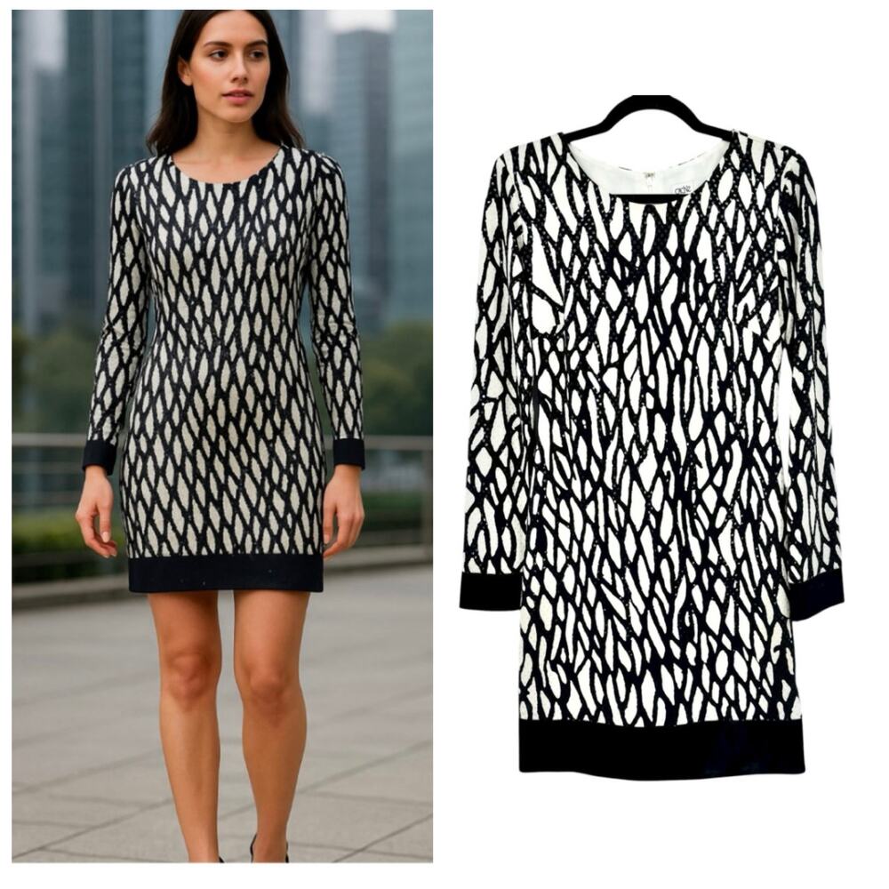 Y2K Cache Black White Foil-Dot Shimmer Long Sleeve Shift Mini Dress USA Size 4